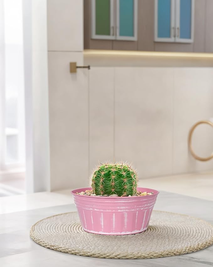 vensovo 10 Inches Pink Metal Rustic Plant Pots - 4 Pcs Large Shallow Galvanized Planters with Drain Hole and Rubber Plug, Rustproof Tin Bucket Succulent Pot Indoor Farmhouse Vintage Style for Decor