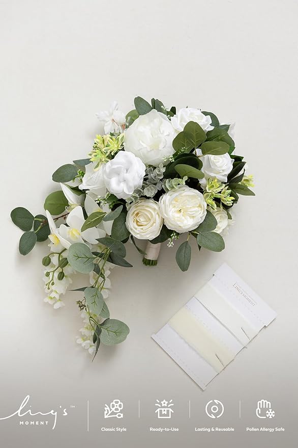 Artificial Flowers Cascading Bridal Bouquet, Faux Silk Peony & Rose
