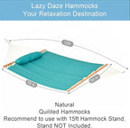 Lazy Daze Hammocks 12 FT Double Quilted Fabric Hammock with Spreader Bar and Detachable Pillow, 2 Person Hammock for Outdoor Outside Patio Garden Yard Pool Beach, 450lbs Weight Capacity (Blue)