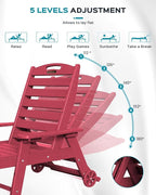 Outdoor Chaise Lounge Chair Set of 2, Patio Lounge Chairs for Outside, HDPE Lounge Chair with Wheels & Cup Holder, Poly Chair with 5 Position for Poolside, Deck, Red