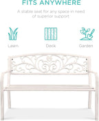 Best Choice Products Outdoor Bench Steel Garden Patio Porch Furniture for Lawn, Park, Deck w/Floral Design Backrest, Slatted Seat - White