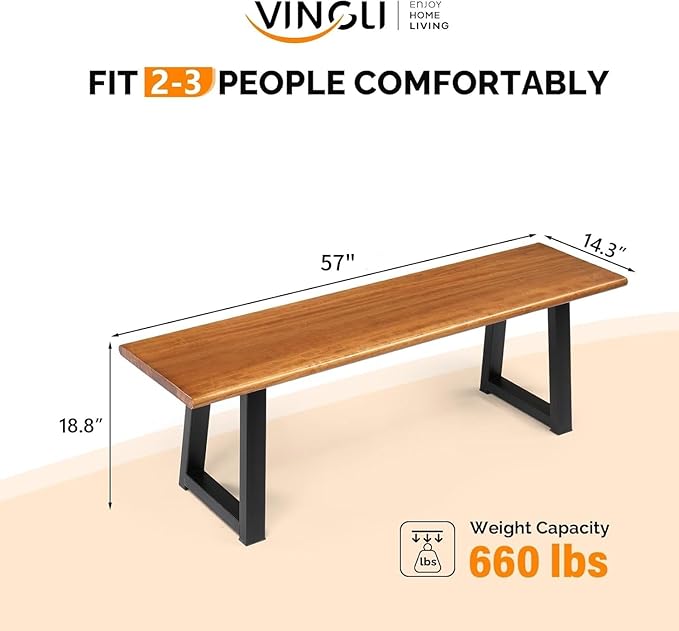 VINGLI Outdoor Bench with Metal Legs Rustic, Wood Dining Bench Indoor Outdoor Porch Bench for Yard Garden Dining (57in)