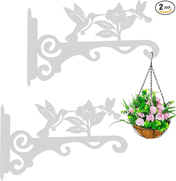 Elegant Bird Pattern Wall Hooks - 10/12/14 Inch Metal Plant Hangers for Indoor & Outdoor - Rust-Resistant Bracket for Plants, Feeders, Chimes, Lanterns (2, White, 10 inch)