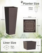 Greesum 32 Inch Tall Plastic Planters(Set of 2), Detachable Inner Pot & Drainage Holes, Outdoor Decorative Flower Pots for Large Plants, Trees, Patio, and Garden, Brown