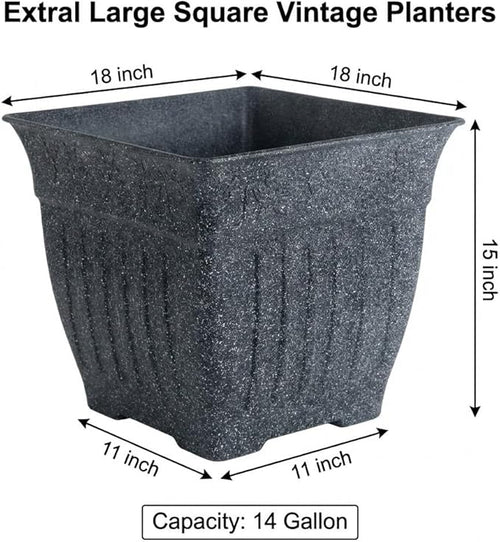 18'' Large Square Planter for Plants - 4 Pack Imitation Cement Plastic Flower Pots with Drainage Holes & 2cm Raised Base, 14 Gal Decorative Stone Like Garden Pot, Retro Plant Container