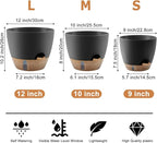 Self-Watering Plant Pots with Water Level Indicator, Drainage Holes & Saucers – 12/10/9 Inch Large Plastic Planter Set for Indoor & Outdoor Plants(Black)