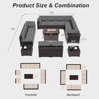 ALAULM Patio Furniture Set with Fire Pit Table 55000 BTU, Outdoor Sectional with Wide Seat and Thick Cushion, 15 Piece Wicker Rattan Conversation Set with Coffee Table for Garden, Deck, Grey