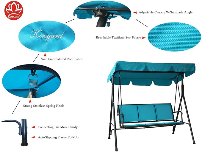 Porch Swing for 3 Adults, Blue Textilene Seat with Adjustable Canopy