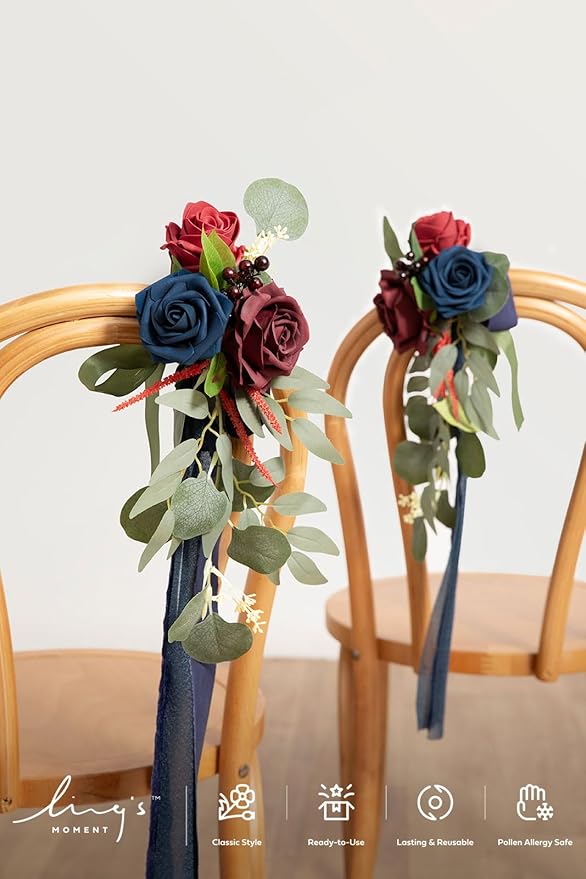 Artificial Flowers for Wedding Aisle, 8 Pack Burgundy and Navy Pew Decor
