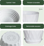 Flower Pots, 7/6.5/6/5.5/5/4.5/4 inch Plastic Plant Pots, 7 Pack Planter for Indoor Outdoor Plants, Nursery Planting Pot with Drainage Holes and Trays (White)
