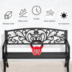 Patio Garden Bench 50 inch Outdoor Metal Loveseat Chairs with Armrests Slatted Seat and w/Floral Design Backrest for Park, Yard, Porch, Lawn, Balcony, Backyard, Black