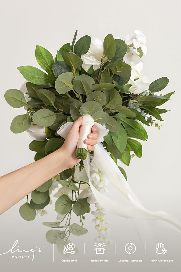 Artificial Flowers Cascading Bridal Bouquet, Faux Silk Peony & Rose