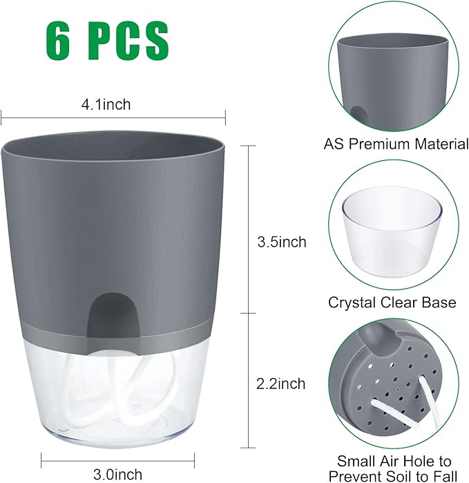 ShineMe Self Watering Flower Pots, 4.1 Inch Self Watering Planters for Indoor Plants, 6 Pack Plastic Plant Pots for African Violets, Herbs, Aloe, Peace Lily with Absorbent Cotton Rope (Gray)