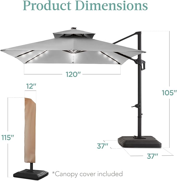 Best Choice Products 10x10ft Cantilever Patio Umbrella w/Base Included, Solar LED Lights 360 Rotation Large Offset Hanging Outdoor Shade for Deck Pool Backyard w/Stand – Fog Gray