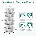 Strawberry Vertical Planters, 6 Tiered Stacking Tower Garden, Stackable Herb Vegetable Planters with Movable Casters and Bottom Saucer Indoor and Outdoor - White