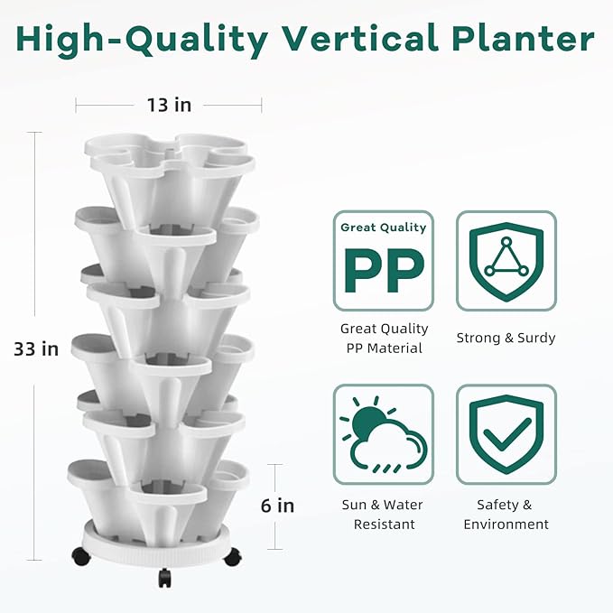 Strawberry Vertical Planter, Stacking Garden Tower, 6 Tiered Stackable Herb Vegetable Planters with Movable Casters and Bottom Saucer Indoor and Outdoor - Black