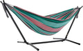 Vivere Double Cotton Hammock with Space Saving Steel Stand, Upgraded Polyester End Strings 450 lb Capacity - Premium Carry Bag Included - USA Grown Cotton (Watermelon)