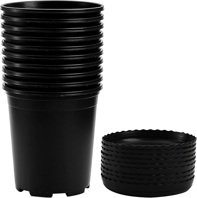 Fasmov 10PCS 1 Gallon Durable Nursery Pot Garden Flower Pots Nursery Plant Container Kit with 10 Pcs Matching Pallets, Black