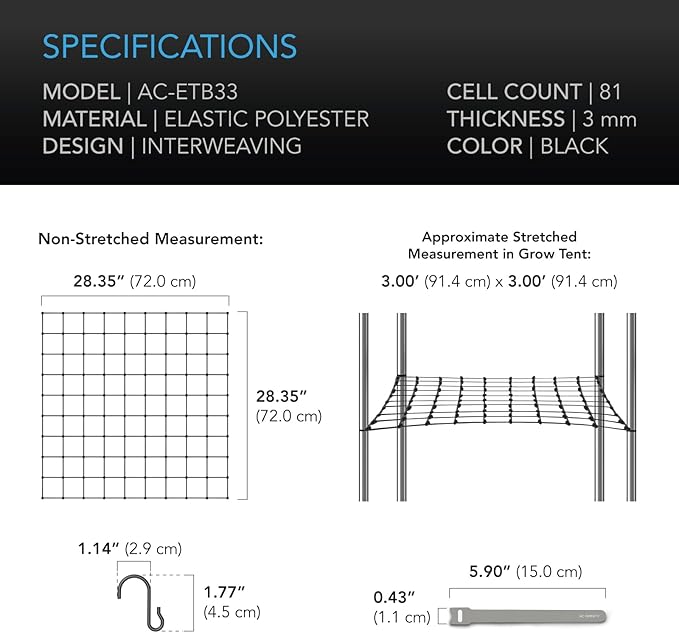 AC Infinity Grow Tent Trellis Netting 3x3', Heavy-Duty Elastic Plant Net with Steel Hooks, Flexible Hydroponics Support for Grow Tents, Gardening, and Horticulture