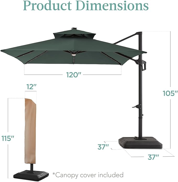 Best Choice Products 10x10ft Cantilever Patio Umbrella w/Base Included, Solar LED Lights 360 Rotation Large Offset Hanging Outdoor Shade for Deck Pool Backyard w/Stand – Slate