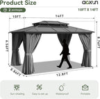 Aoxun 10'x14' Hardtop Gazebo, Aluminum Frame Permanent Pavilion with Curtains and Netting, Outdoor Polycarbonate Double Roof Canopy, Gray