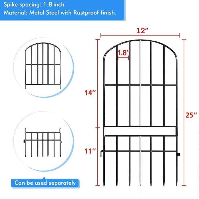 Decorative Garden Fence, 15 Panels, Black Metal, 25 in High