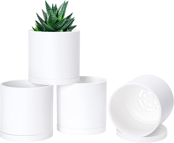 Planters Set of 4 Matte White Plastic Pots with Saucers, 4 Inch