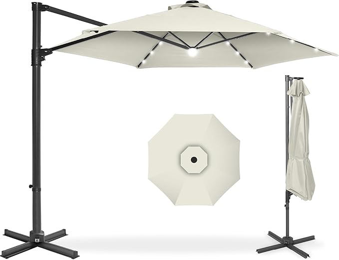 Best Choice Products 10ft Solar LED Offset Cantilever Hanging Market Patio Umbrella, Smooth 360° Rotation, 8 Sturdy Ribs, Easy Adjustment - Ivory