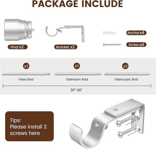 1” Diameter Silver Curtain Rod Itself is 30-60 inch 1 Pack, Fit 30 to 54 Windows with Heavy Duty Adjustable Telescopic Rod，Splicing Metal Extra Long Curtain Rod for Windows Sliding Glass Door