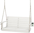 VINGLI Heavy Duty 1600 LBS HDPE Porch Swing Outdoor with Rotatable Cup Holder, 4 FT Patio Bench Swing with Adjustable Chains, 2 Person Hanging Porch Swing Chair for Porch, Yard, Tree, Garden - White
