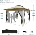 COBIZI 12x12 Pop up Gazebo on Clearance with Mosquito Netting & Sandbags, Outdoor Canopy Tent with 4 Ropes 8 Stakes & Portable Carrying Bag, Patio Portable Gazebo for Garden Backyard & Lawn, Beige