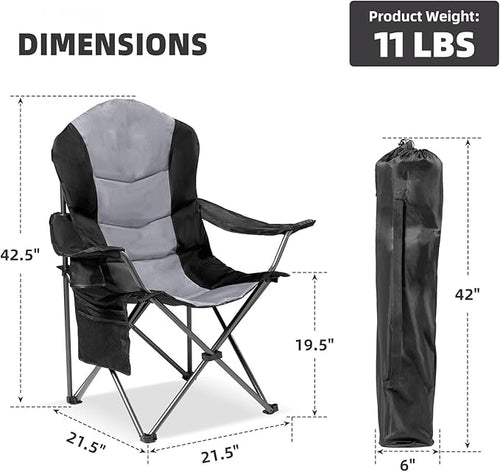 2 Pack Folding Camping Chairs for Adults - High Back Padded Outdoor Lawn Chairs with Lumbar Support & Cup Holder, 400lbs Heavy Duty Portable Camping Chairs Set (Black & Light Gray)