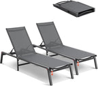 VEVOR 2 Pcs Chaise Lounge Chairs Outdoor, Aluminum Patio Lounge Chair with Adjustable 5-Position, Folding Pool Chairs Recliner and Full Flat Tanning Chair for Patio, Beach, Pool, Gray, 2 pcs