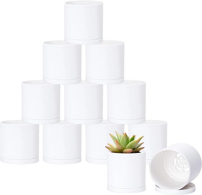 Planters: Set of 12 Matte White Plastic Pots, 3.5 Inch with Saucers