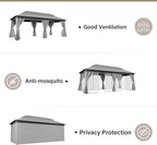 LAUSAINT HOME Semi-Permanent Outdoor Patio Gazebo 10'x20', Heavy Duty Party Tent Shelter with Double Roofs, Mosquito Nettings and Privacy Screens for Backyard, Garden, Lawn, Gray