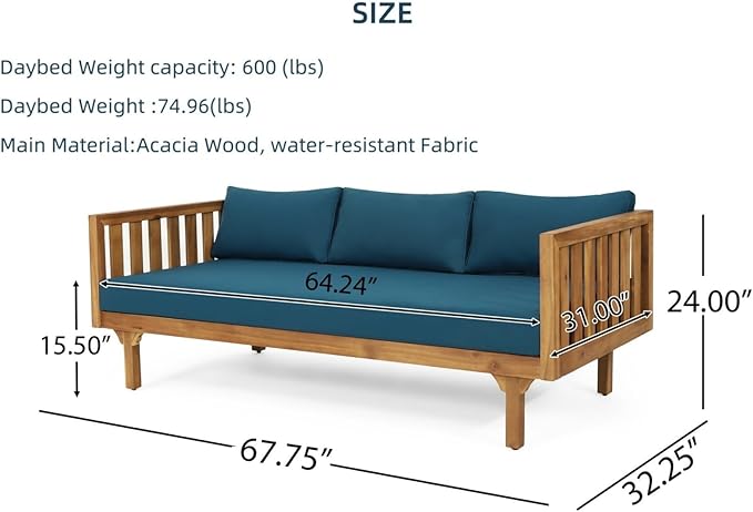 Merax Solid Acacia Wood Couch Chaise Lounge Chair Indoor, 3 Seater Daybed Sofa Couches with Cushions & Pillow, Heavy Frame Day Bed for Living Room, Office, Outdoor, Balcony, Patio, Water Resistant