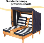 KidKraft Wooden Outdoor Double Chaise Lounge with Cup Holders, Kid's Patio Furniture, Honey with Navy and White Striped Fabric, Gift for Ages 3-8