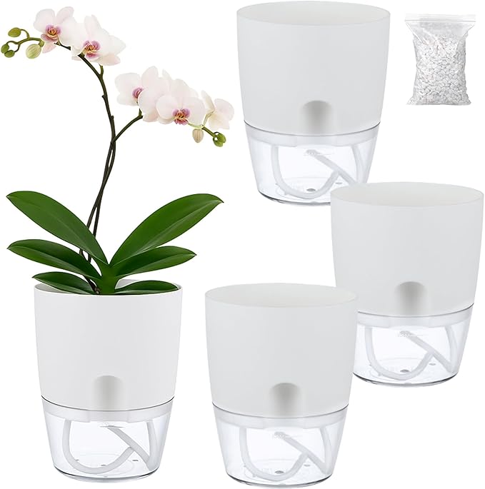 Planterhoma 3 Pack Self Watering Pots for Indoor Plants, 6 Inch Plant Pot Plastic Self Watering Planter for Orchid, African Violet, Small Clear Flower Pots with Drainage Holes and Wicking Rope, White