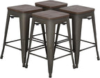 FDW Metal Bar Stools Set of 4 Counter Height Bar Stools 24 Inches Industrial Bar Chairs Patio Stool Stackable Backless Stool Indoor Outdoor Metal Kitchen Stools Bar Chairs (Bronze with Wood, 24")