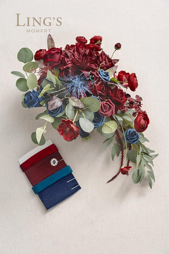Artificial Flowers Bridal Bouquet in Burgundy and Navy Blue, 15-Inch