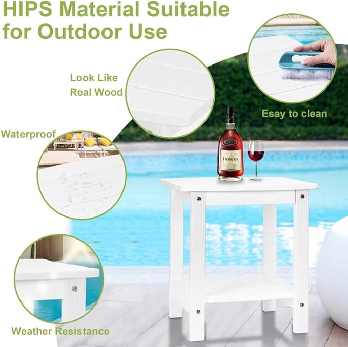 Y&M Outdoor Side Table, HIPS Adirondack Small Double Layer Table, Waterproof Square Outside Table, Balcony Modern End Tables for Patio, Pool, Beach, Porch, Deck, Indoor or Outdoor Use, White