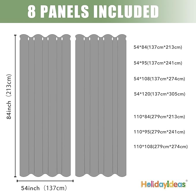 HolidayIdeas Outdoor Curtains for Patio Waterproof, 8 Panels - 54x84 Inches - Weatherproof Privacy Outsides Curtains for Cabana Porch Pergola, Sunlight & UV Blocking (Black, Grommet Top)