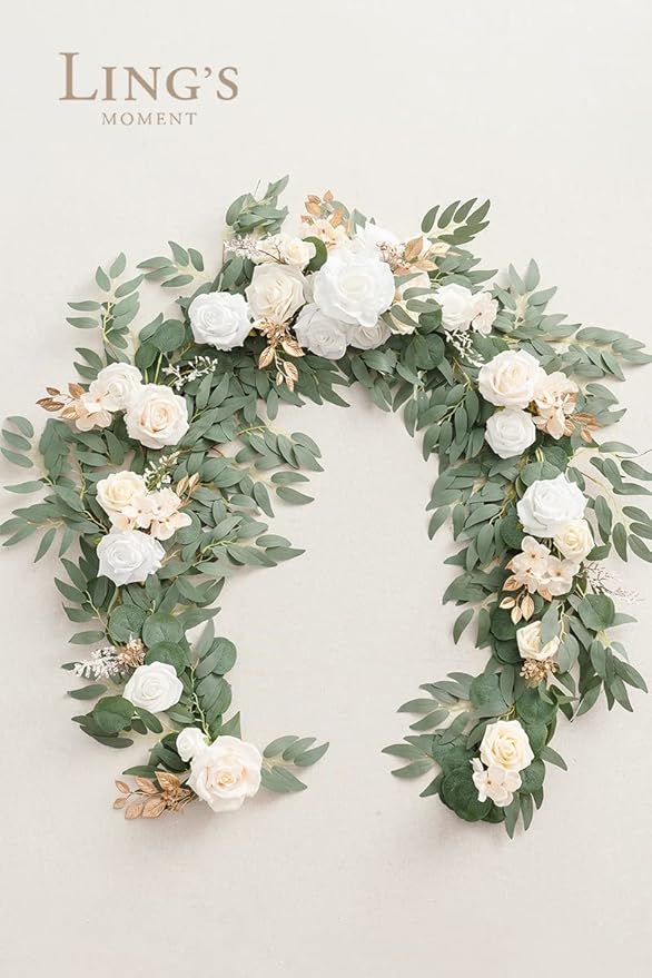 Artificial Flower Garland, 6 Ft Eucalyptus & Willow Leaf in White Beige