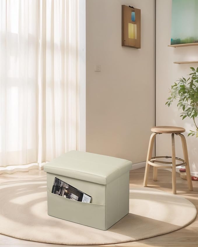 AmasSmile Storage Ottoman Folding Foot Rest Stool with Side Pocket, 16 inch Leather Footstool Bench, Short Ottoman Bench, Storage Foot Rest Store, Books (Beige-2)
