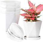 InmeRun Plant Pots Indoor Plastic Flower Pots Outdoor 7 inch Set of 12 Pack with Drainage Holes and Saucers for Garden Pots (7 in 12 White)