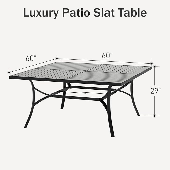 PHI VILLA Large Outdoor Square Dining Table for 8, 60" Metal Steel Slat Table with Umbrella Hole, Weather-Resistant Dining Fruniture for Patio, Deck, Backyard, Porch - Black