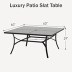 PHI VILLA Large Outdoor Square Dining Table for 8, 60" Metal Steel Slat Table with Umbrella Hole, Weather-Resistant Dining Fruniture for Patio, Deck, Backyard, Porch - Black