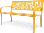 VINGLI 50" Outdoor Bench Metal with Floral Back, Garden Bench Front Porch Bench for Yard Patio Entryway Park Outside, 800lb Capacity - Yellow