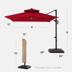 Best Choice Products 9x12ft LED Cantilever Patio Umbrella w/Base Included & 360° Rotation, Large Solar Offset Hanging Outdoor Sun Shade for Deck, Backyard Table w/Stand & Lights – Red