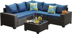 6 Pieces Patio Furniture Set All-Weather Outdoor Wicker Sectional Conversation Sofa Rattan Patio Seating Sofa with Cushion and Glass Table for Porch Poolside,Navy